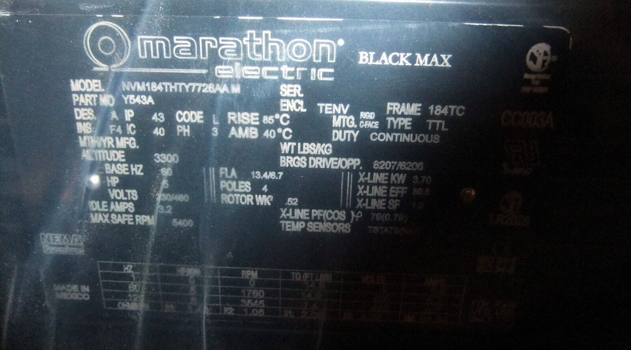 Marathon Motors 5 HP Motor 184THTY7726 1760 RPM