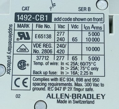 Allen-Bradley 1492-CB1-G150 Ser B 277 V AC 15 A Miniature Circuit Breaker