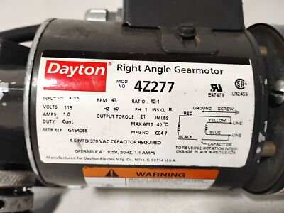 Dayton 4Z277 115 VAC 1/20 HP 43 RPM 40:1 Right Angle Gearmotor w/ 5X400A Brake