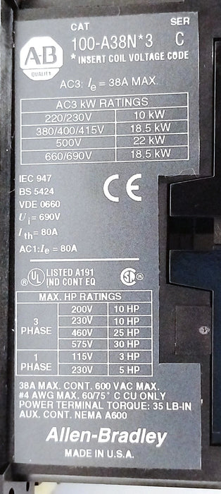 Allen-Bradley 100-A38ND3 600 V AC 38 A Contactor w/ 110/120 V Coil
