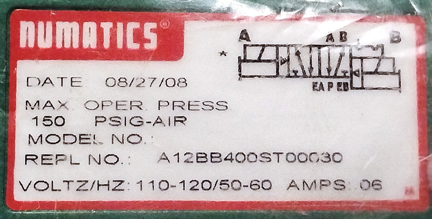 Numatics A12BB400ST00030 Pneumatic Solenoid Valve w/ 100-120 V AC Coil