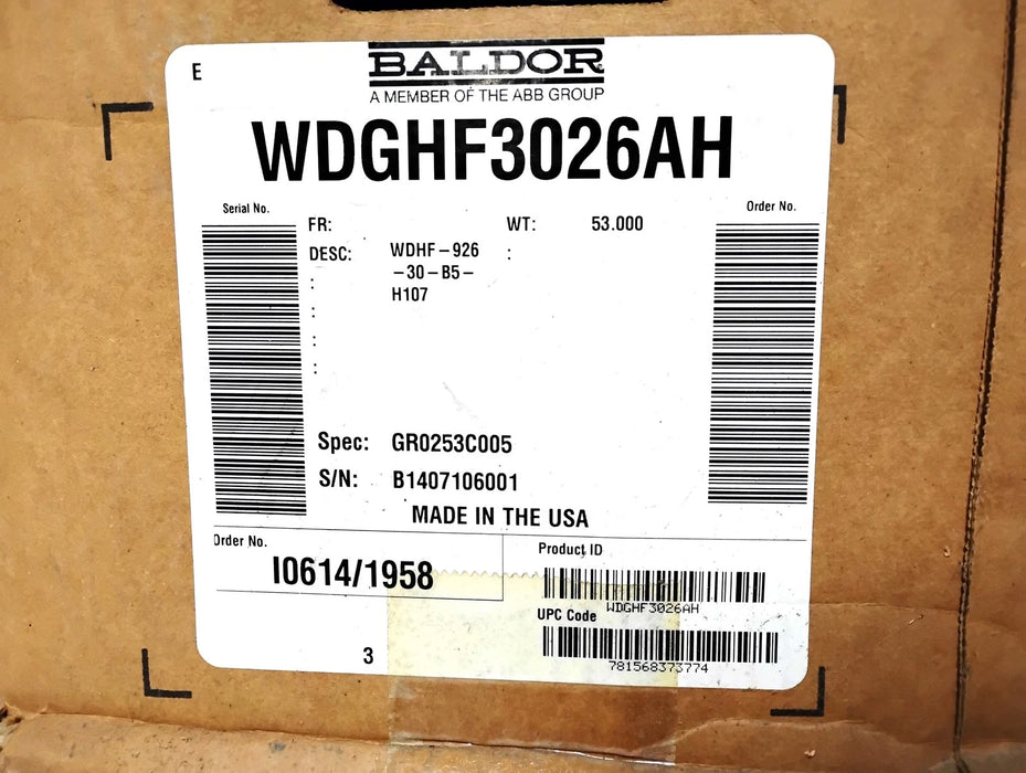 Baldor WDGHF3026AH WDHF-926-30-B5-H107 30:1 Wash Down Right Angle Gear Reducer