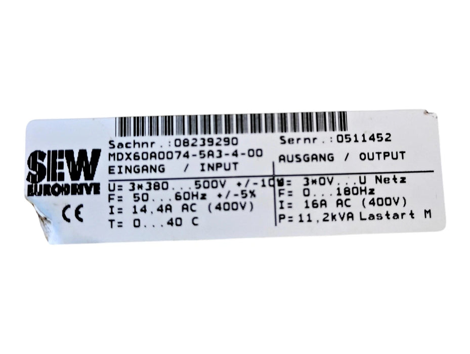SEW Eurodrive MC07B0075-5A3-4-00 380-500 V AC 3 PH 10 HP Movitrac Inverter Drive