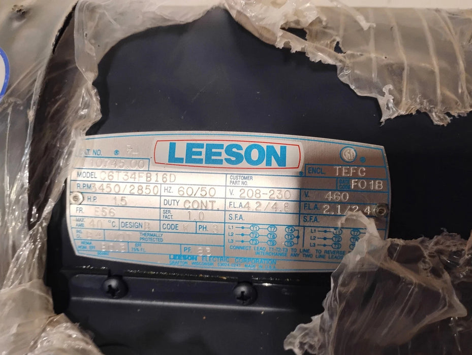 Leeson C6T34FB16D 110745.00 208-230/460 V 1-1/2 HP 3450/2850 RPM E56 Motor