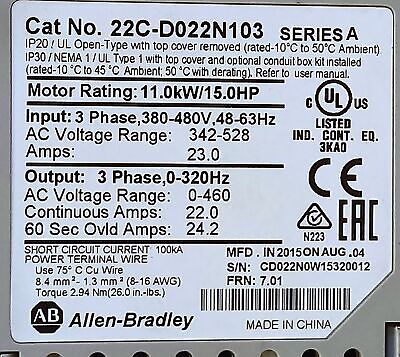 Allen-Bradley 22C-D022N103 POWERFLEX 11kW 15 HP Variable Frequency Drive