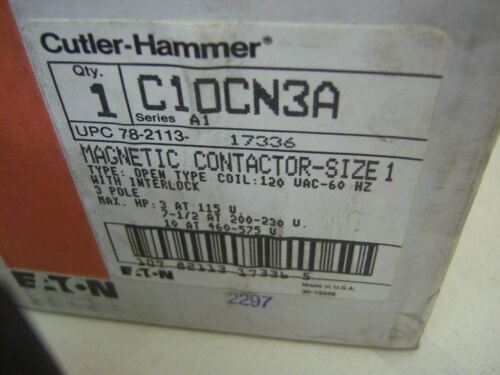 Cutler-Hammer Magnetic Contactor C10CN3A Size 1 120V Coil W/ Interlock