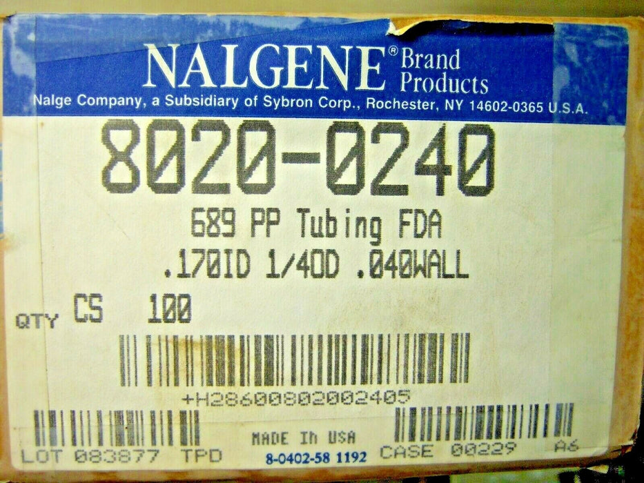 Nalgene 689Pp Tubing 8020-0240 50 + Feet 0170Id 1/4 Od .040Wall