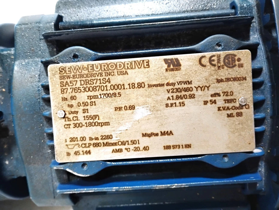 SEW Eurodrive SA57 DRS71S4 87.7653008701.0001.18.80 8.5-1700 RPM 0.5HP Gearmotor
