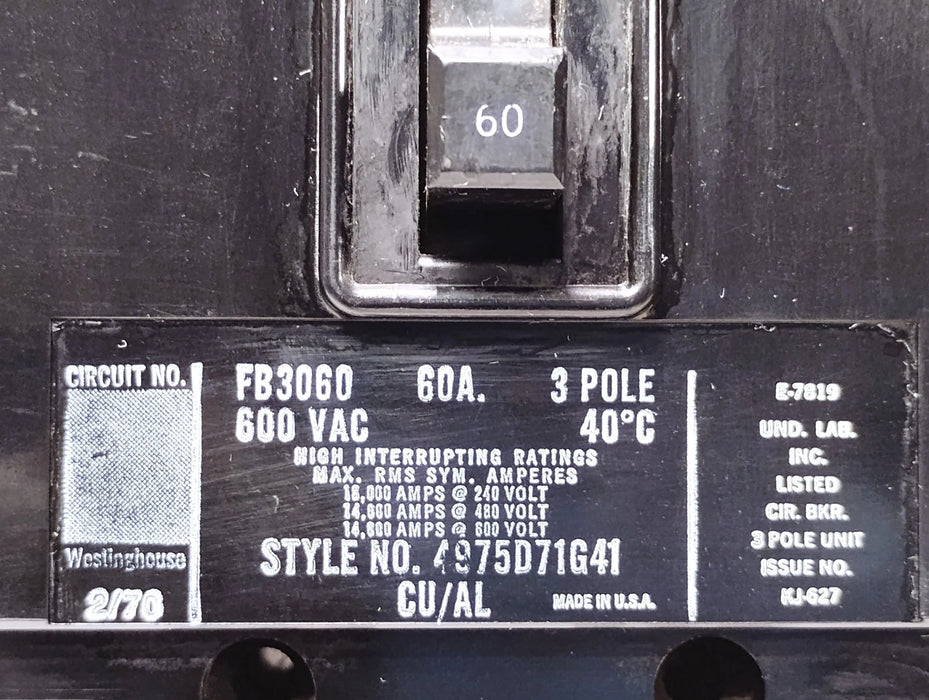 Westinghouse FB3060 600 V AC 60 A 3-Pole 3-Phase Circuit Breaker