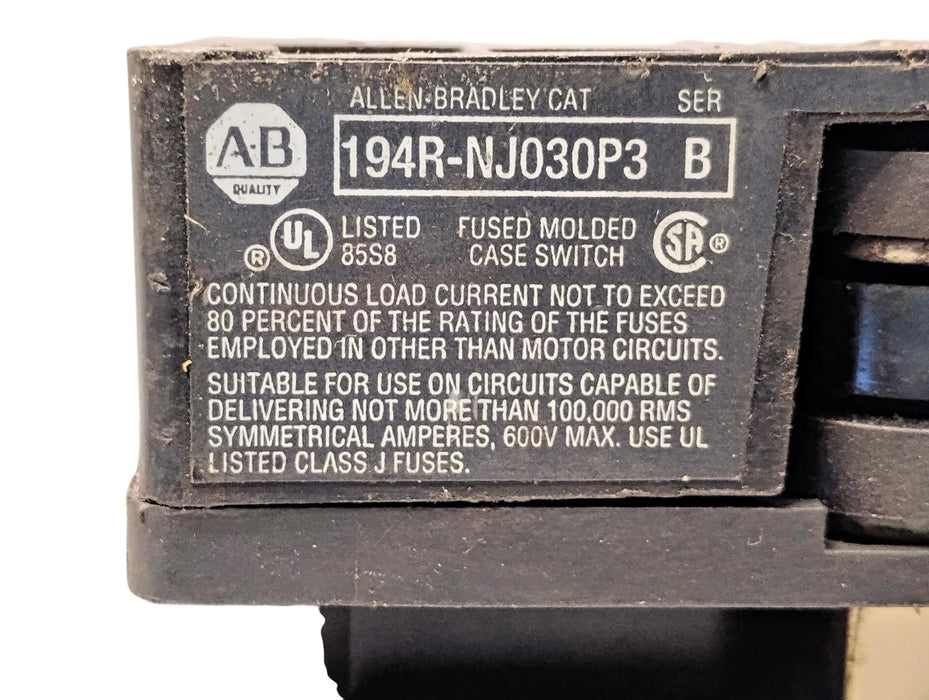 Allen-Bradley Ser B 194R-NJ030P3 600 V AC 30 A Rod Operated Fusible Disconnect
