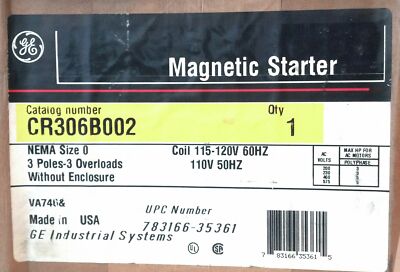 GE CR306B002 110/120 V AC 3 Poles 3 Overloads NEMA Size 0 Magnetic Starter