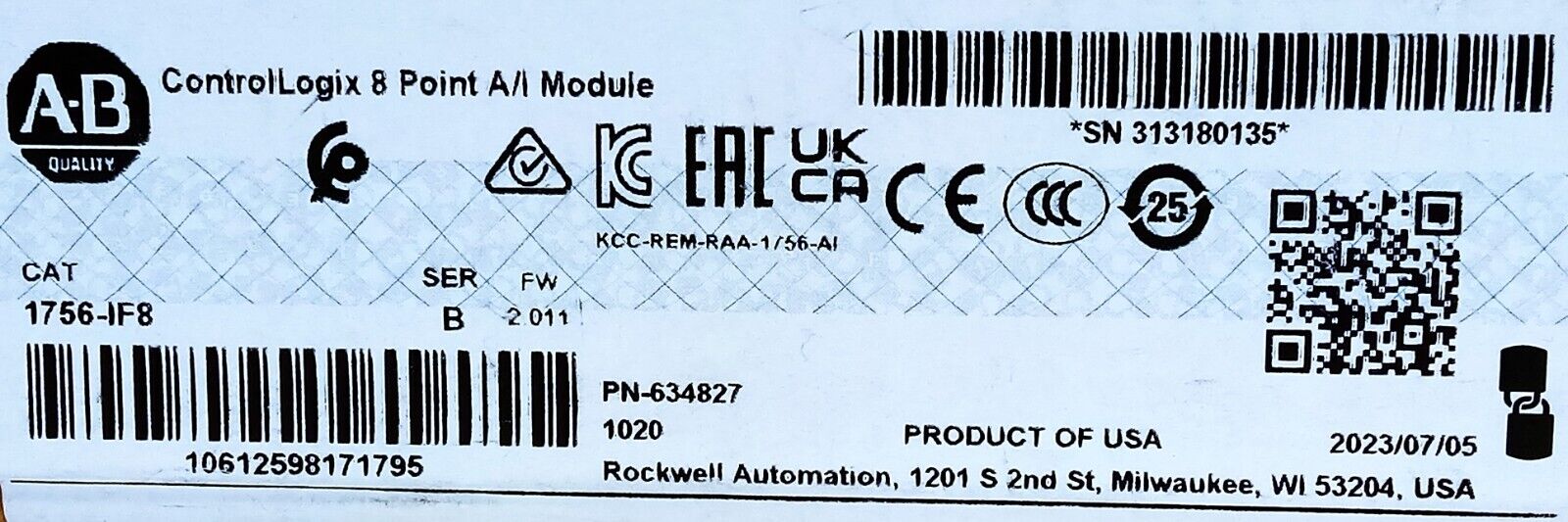 Allen-Bradley 1756-IF8 ControlLogix Ser B FW 2.011 PLC Input Module