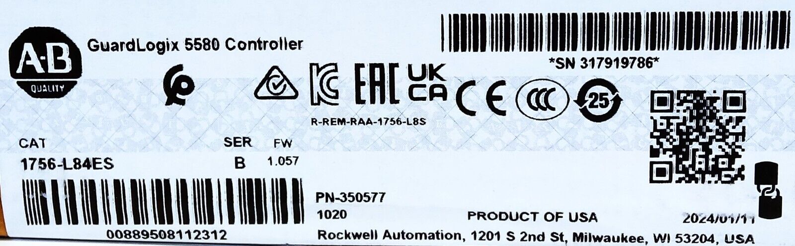 Allen-Bradley 1756-L84ES GuardLogix Ser B FW 1.057 PLC Safety Controller