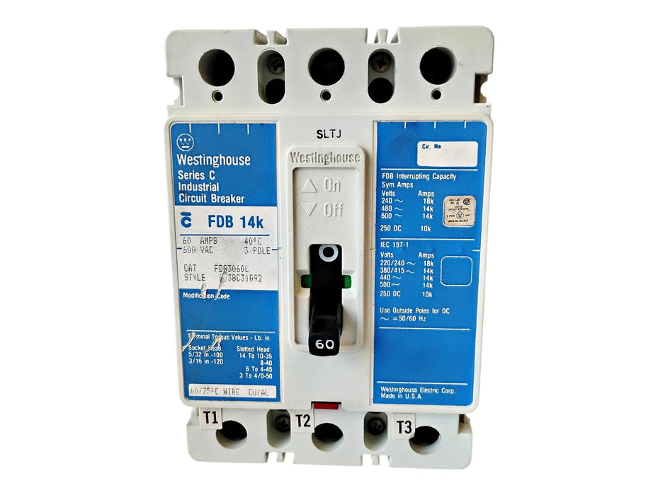 Westinghouse FDB3060L Ser C 600 V AC 60 A 3 P Circuit Breaker