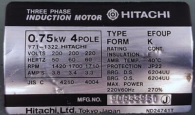 Hitachi EFOUP 71-1322 90633951 220 V 3.8 A 1710 RPM Induction Motor