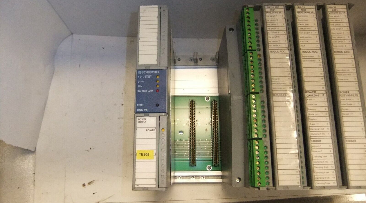 Schleicher 8 Slot Rack, 4 cards UBT-8 Power Supply UNG24 UBA32 (2