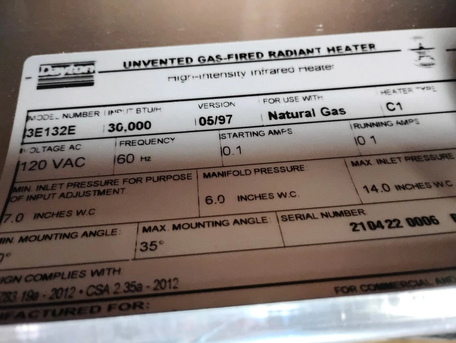 Dayton 3E132E 120 V AC 30000 BTUH Natural Gas Infrared Flat Panel Heater