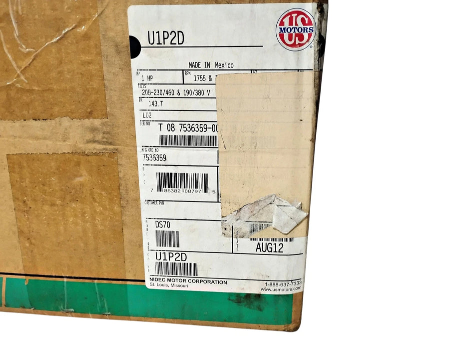 NIDEC US Motors U1P2D 208-230/460 190/380 V 1440/1755 RPM 1 HP 143T Motor