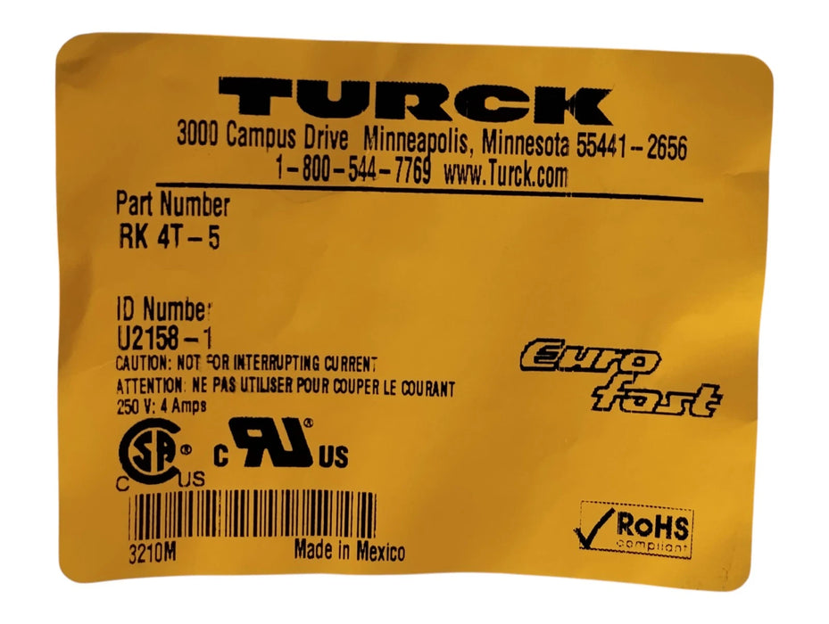 Turck RK-4T-5 3-Wire Cable w/ 1 M12 Euro Fast Connector