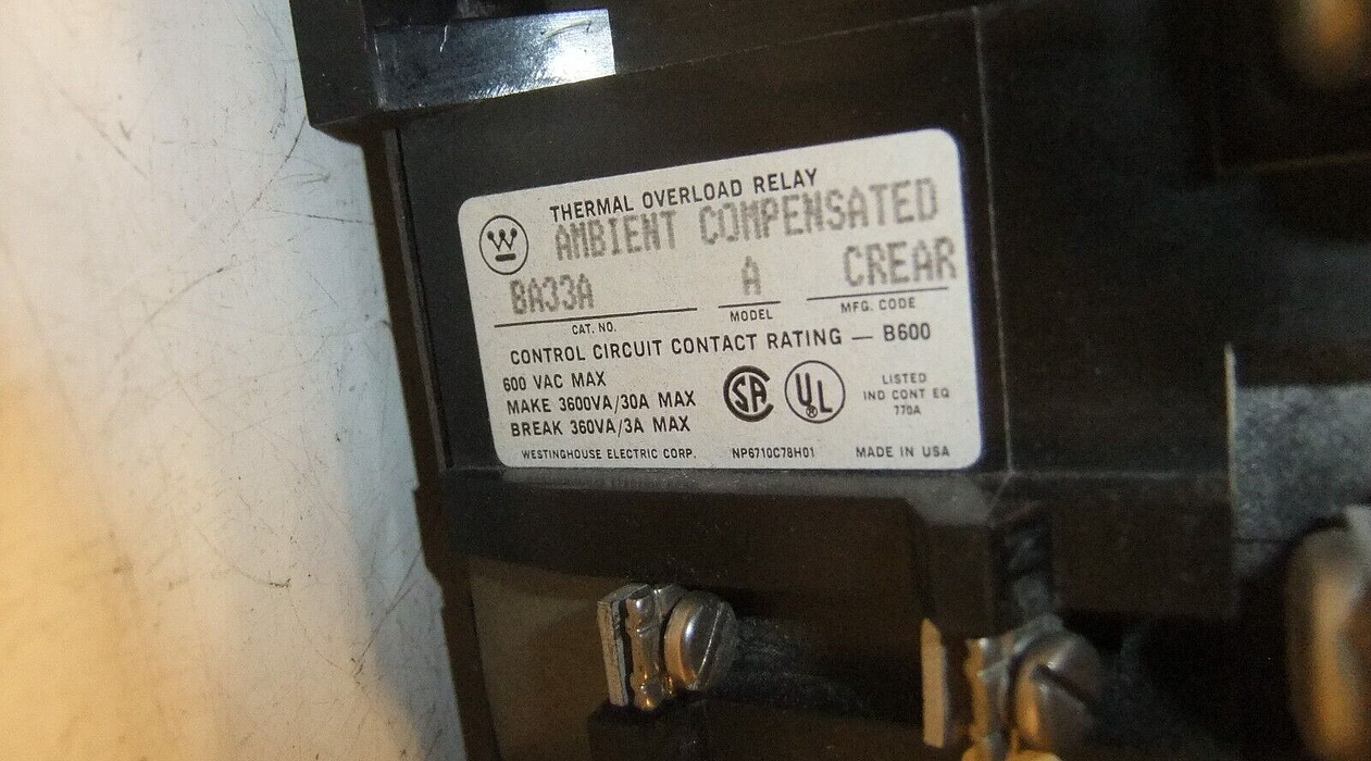 Westinghouse BA33A 3P Overload Relay