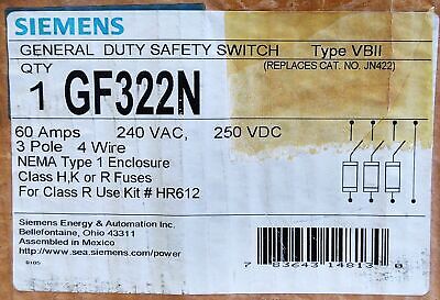 Siemens GF322N 240VAC/250VDC Safety Switch in NEMA Type 1 Enclosure