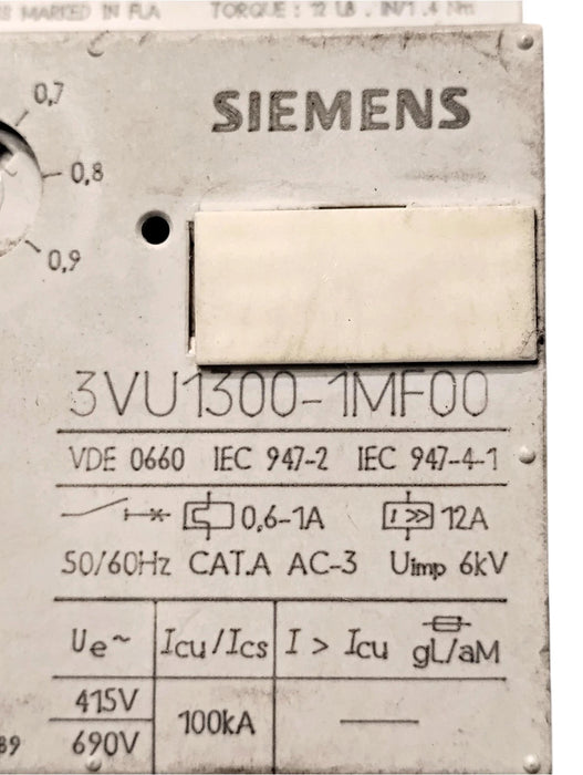 Siemens 3VU1300-1MF00 690 V 0.6-1.0 A Circuit Breaker for Motor Protection