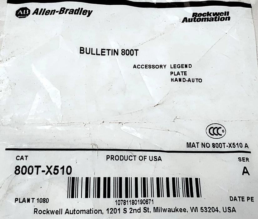 Allen-Bradley 800T-X510 HAND AUTO Aluminum Legend Plate for 30 mm Switches