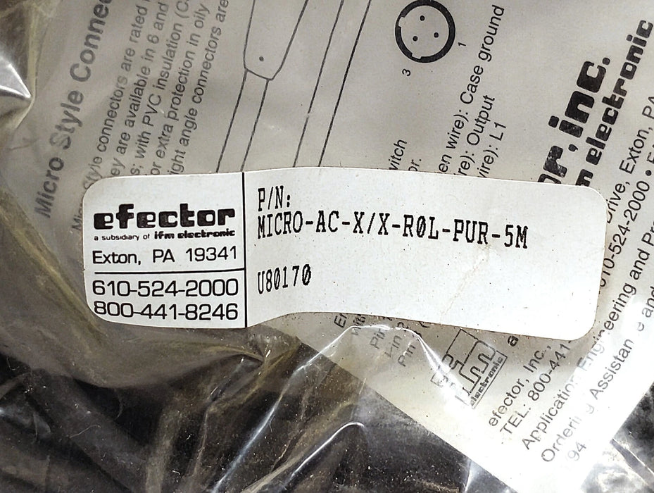 Efector MICRO-AC-X/X-ROL-PUR-5M U80170 PLC Cable w One 3-Pin Connector