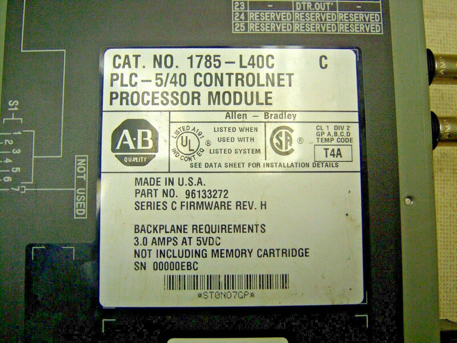 1 Allen-Bradley 1785-L40C CONTROL NET PROCESSOR CPU PLC-5/40C