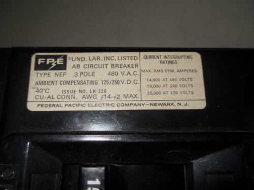 1 FEDERAL PACIFIC LK-326 CIRCUIT BREAKER
