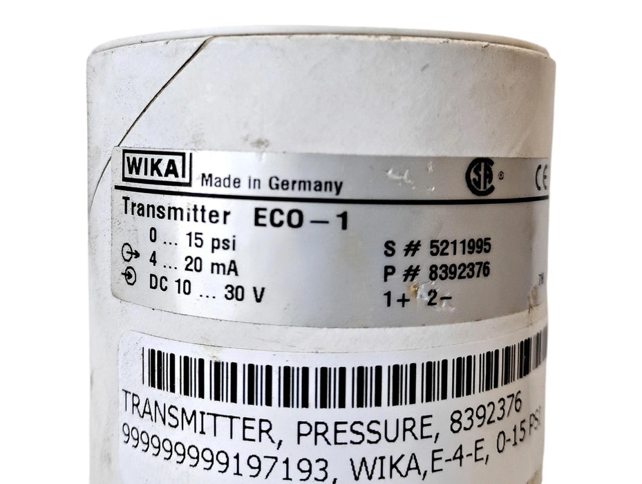 WIKA ECO-1 10-30 V DC 0-15 PSI Pressure Transmitter