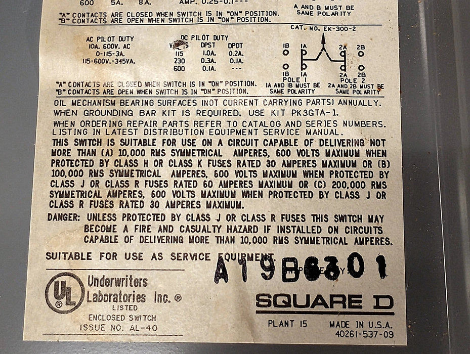 Square D HU31 Series E2 600 V AC/DC 30 A Non-Fusible Safety Switch