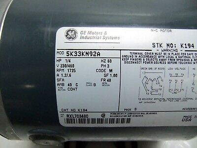Ge Motor 5K33Kn92A 1/4Hp 1725 Rpm 230/460V