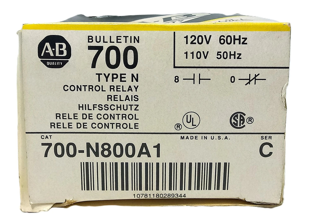 Allen-Bradley 700-N800A1 Type N 10 A Control Relay w/ 110/120 V AC Coil