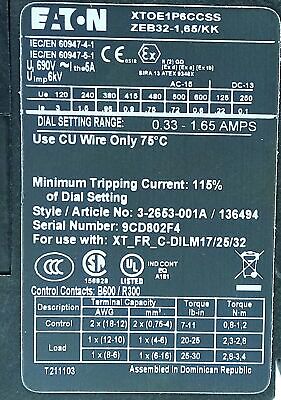 Eaton XTOE1P6CCSS ZEB32-1,65/KK Adjustable Solid State Overload Protection Relay