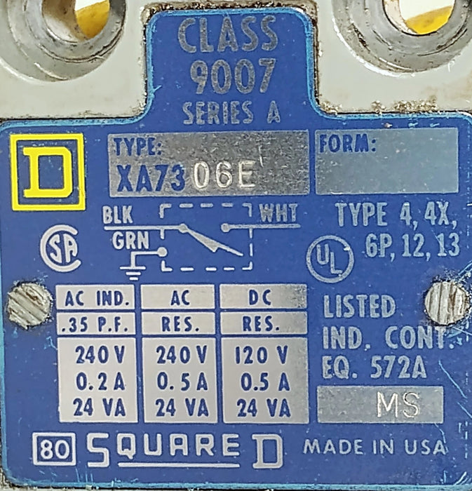 Square D 9007-XA73-06E Ser A 240 V AC 0.5 A Plunger Style Limit Switch