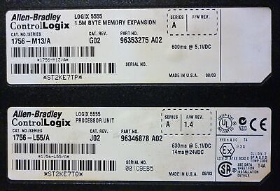 Allen-Bradley 1756-L55/A Rev G02 Ser A PLC Processor w/1756-M13/A Memory Module