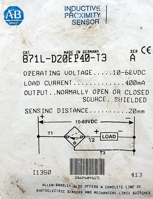 Allen-Bradley 871L-D20EP40-T3 10-60 V DC Inductive Proximity Sensor