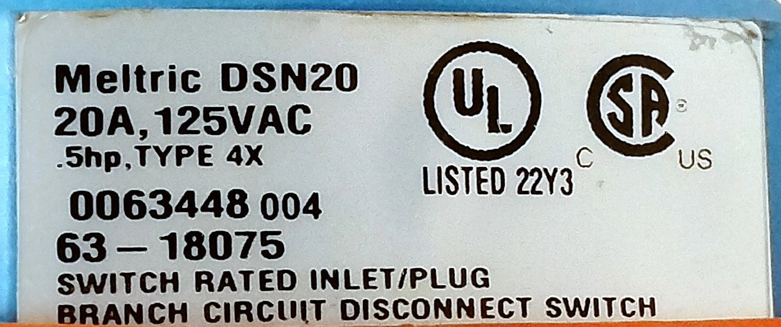 Meltric 63-18075 DSN20 125 V AC 20 A Type 4X Male Grounded Inlet