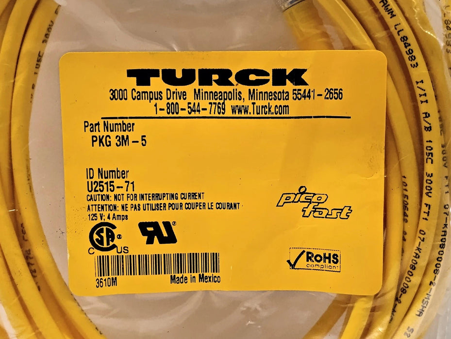 Turck PKG-3M-5 3-Wire Cable w/ 1 M8 Pico Fast Connector
