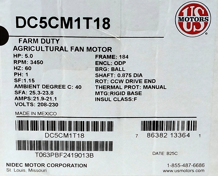 US Motors DC5CM1T18 208-230 V 21.9-21.1 A 5 HP 3450 RPM Farm Duty Motor