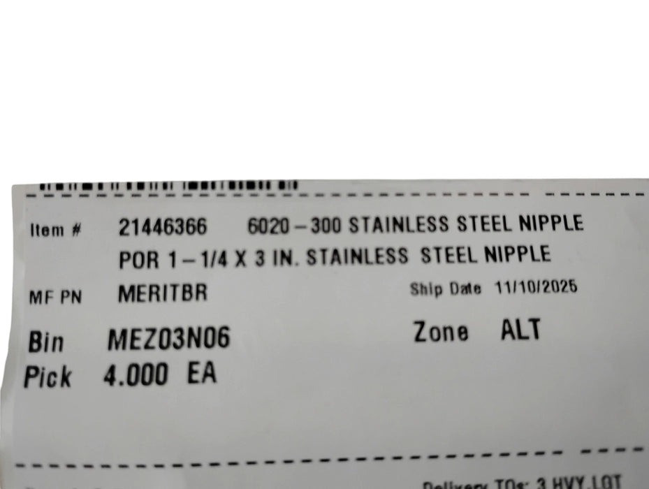 Merit Brass 6020-300 1-1/4" x 3" L 316 SS Pipe Nipple