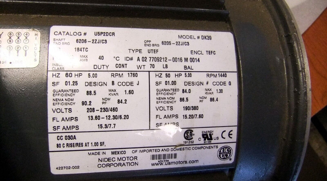 US Motors U5P2DCR 5 HP 1760 RPM