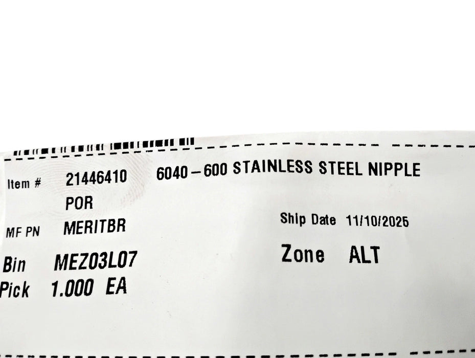 Merit Brass 6040-600 2-1/2" x 6" L MNPT Sch 40 316 Stainless Steel Pipe Nipple