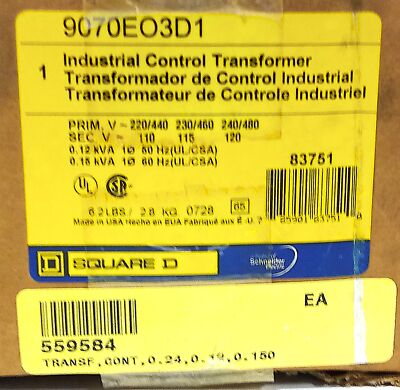 Square D 9070EO3D1 240/480 V AC to 120 V AC Step Down Transformer