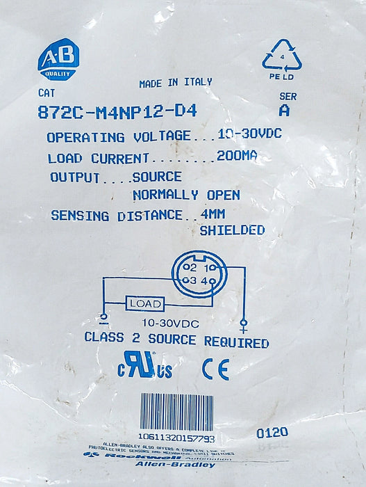 Allen-Bradley 872C-M4NP12-D4 Ser A 10-30VDC Shielded Inductive Proximity Sensor