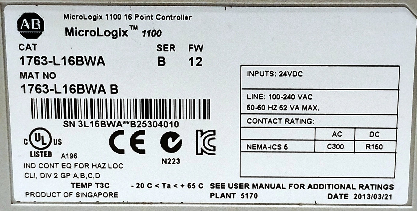 Allen-Bradley 1763-L16BWA Ser B FW 12 MicroLogix 1100 120-240 VAC PLC Controller