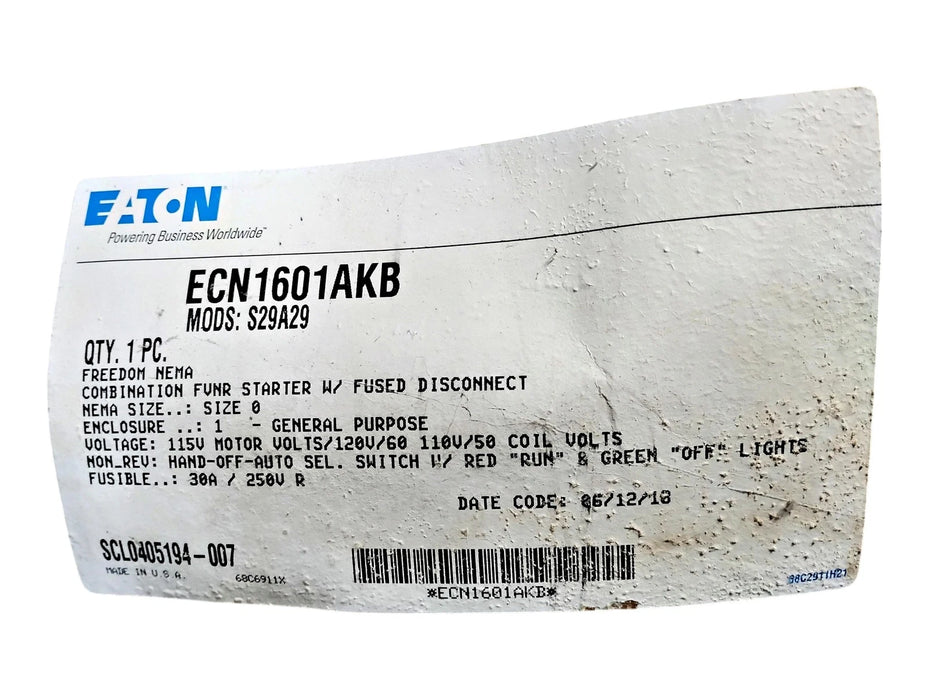 Eaton ECN1601AKB NEMA Size 0 FVNR Freedom Combination Starter w/Fused Disconnect