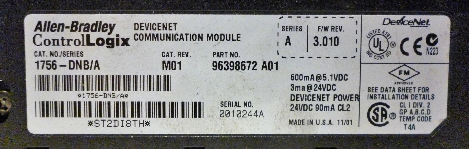 Allen-Bradley 1756-DNB Ser A CAT Rev M01 F/W Rev 3.010 24 VDC Digital PLC Module