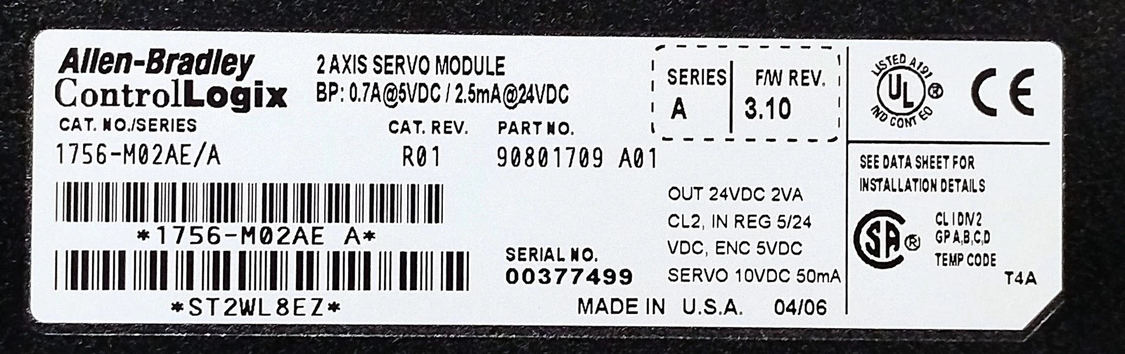Allen-Bradley 1756-M02AE Ser A Rev R01 FW Rev 3.10 24 V DC 2 Axis Servo Module